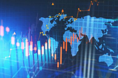 Diagrams and world map over dark blue background. Concept of stock market. 3d rendering toned image double exposure. Elements of this image furnished by NASA