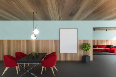 Mavi ve ahşap duvarlı modern kafe, beton zemin ve kırmızı koltuklu gri masa. Dikey maket posteri. 3d oluşturma