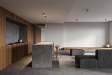 Beyaz ve ahşap duvarları, beton zemini, barı ve kanepesi olan şık bir mutfak. 3d oluşturma