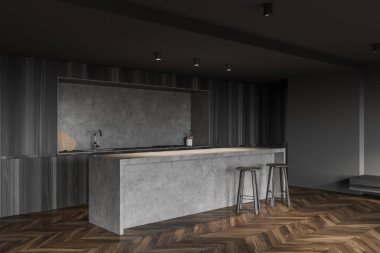 Gri ve ahşap duvarlı modern mutfağın köşesi, ahşap zemin ve tabureli bar. 3d oluşturma