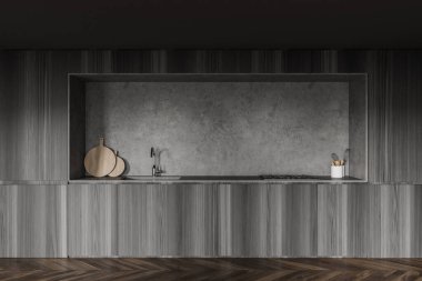 Beton duvarları, ahşap zemini ve lavabo ve fırında yapılmış karanlık ahşap dolapları olan minimalist mutfağın içi. 3d oluşturma