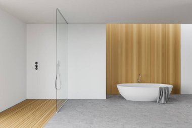 Modern banyo, beyaz duvarlar, beton zemin, rahat küvet ve duş kabini. 3d oluşturma