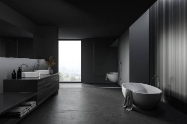 Gri ve ahşap duvarları, beton zemini, rahat küveti ve çift lavabosu olan şık bir banyo. 3d oluşturma