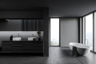 Gri ve ahşap duvarları, beton zemini, çift lavabosu ve rahat küveti olan modern banyonun içi. 3d oluşturma