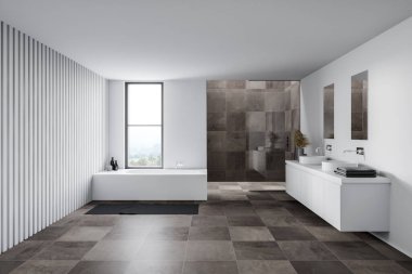 Modern banyo, beyaz ve fayanslı duvarlar, fayanslı zemin, çift lavabolu aynalar, küvet ve duş kabini. 3d oluşturma
