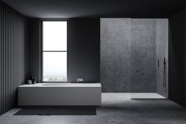 Gri duvarları, beton zemini, rahat küveti ve duş kabini olan şık bir banyo. 3d oluşturma