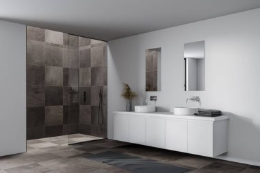 Modern banyonun köşesinde beyaz duvarlar, fayanslarla döşenmiş zemin aynalar ve duş kabini olan rahat bir çift lavabo. 3d oluşturma