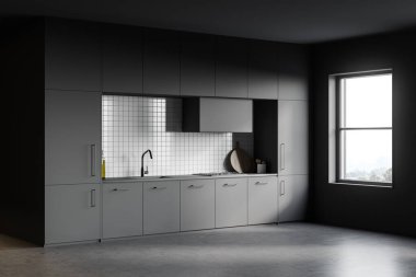 Gri duvarları, beton zemini ve lavabo ve fırında yapılmış gri dolapları olan şık bir mutfağın köşesi. 3d oluşturma