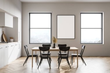 Beyaz duvarları, ahşap zemini, beyaz dolapları, yemek masası ve afişi olan şık bir mutfak. 3d oluşturma