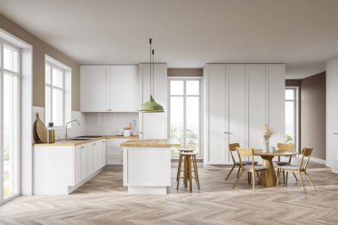 Beyaz duvarları, ahşap zemini, beyaz dolapları, sandalyeli bar ve yemek masası olan modern mutfağın içi. 3d oluşturma