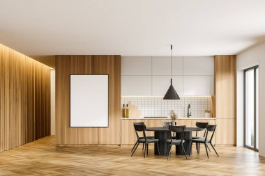 Beyaz ve ahşap duvarları, ahşap zemini, ahşap dolapları, yemek masası ve afişi olan şık bir mutfak. 3d oluşturma