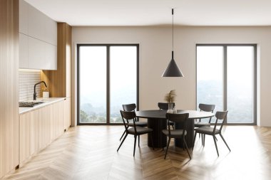 Beyaz ve ahşap duvarları, ahşap zemini, ahşap dolapları ve yemek masası olan şık bir mutfak. 3d oluşturma