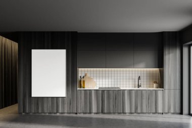 Gri ve ahşap duvarları, beton zemini, ahşap dolapları ve dikey maket posterleri olan modern mutfağın içi. 3d oluşturma