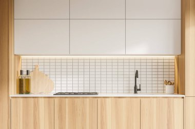 Beyaz, ahşap duvarları ve ahşap dolapları olan şık bir mutfak. 3d oluşturma