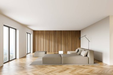 Beyaz ve ahşap duvarları, ahşap zemini ve rahat kral yatağı olan modern yatak odasının içi. 3d oluşturma