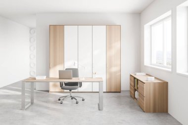 Beyaz duvarları, beton zemini, bilgisayar masası ve dolabı olan modern CEO ofisi. Bulanık görüşlü bir pencere. 3d oluşturma