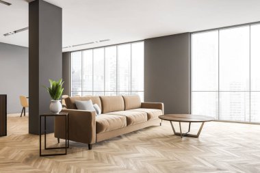 Kahverengi oturma odası dairesi, büyük pencereler, kahverengi kanepe ve ahşap masa, yeni şık minimalist mobilyaları ve parke döşemesi olan açık uzay odası. 3D görüntüleme, insan yok