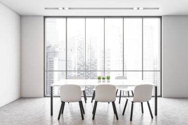 Büyük pencereli beyaz yemek odası. Şehir manzaralı iş yerleri. 3D apartmandaki modern beyaz mobilyaların minimalist tasarımı.