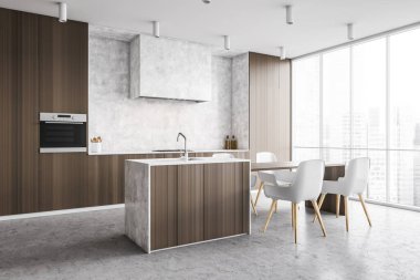 Modern mutfağın köşesinde beyaz ve siyah ahşap duvarlar, beton zemin ve beyaz sandalyeli bir bar. 3d oluşturma