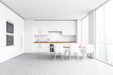 Beyaz duvarları, beton zemini ve lavabo ve fırında yapılmış beyaz dolapları olan modern minimalist mutfağın içi. Charis 'le yemek masası. 3d oluşturma