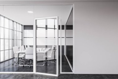 Beyaz ve cam duvarlı modern ofis toplantı odasının içi fayanslı zemin ve beyaz sandalyeli uzun konferans masası. Duvarı düzenle. 3d oluşturma