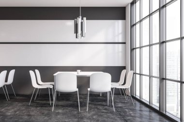 Beyaz sandalyeli uzun beyaz masa gri ve beyaz duvarları ve döşemeleri olan modern toplantı odasında duruyor. 3d oluşturma