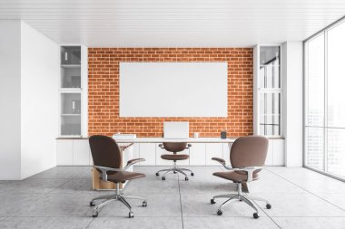 Beyaz ofis lobisi resepsiyon odasında tuğla duvarda tuval var. Laptoplu masa ve üç deri sandalye. Müşteriler için ofis odası, 3 boyutlu, kimseyi yansıtmayan