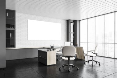White office lobby reception room with mockup canvas on white brick wall. Table with laptop and three white chairs. Business office room for clients side view, 3D rendering no people