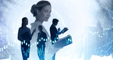 Modern şehirde takım arkadaşlarıyla birlikte çalışan planlamacısı olan kendine güvenen genç bir iş kadını. Grafiklerin ve gezegen hologramının tonlanmış görüntüsü çifte pozlama