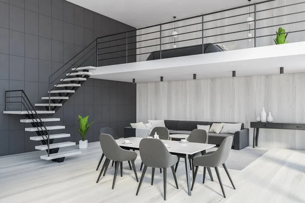 Living Room Kitchen White Table Grey Chairs Two Floors Steps — Stok fotoğraf