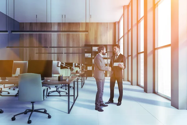 Portrait Two Businessmen Talking Modern Open Space Office Gray Wooden — Stock Photo, Image