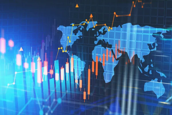 Diagrams World Map Dark Blue Background Concept Stock Market Rendering — Fotografia de Stock