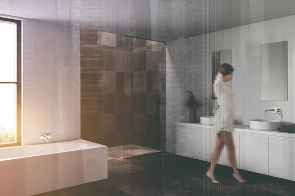 Blurry Young Woman Walking Modern Bathroom Corner White Tiled Walls — Φωτογραφία Αρχείου