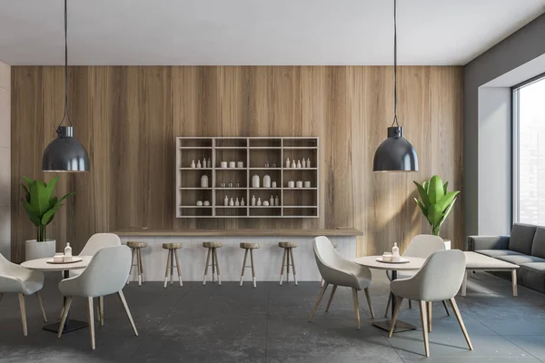 Grey cafe interior, many grey chairs and wooden tables, wooden wall with lamps and bar counter. Illustration of cafe with big window, dining room 3D rendering, no people