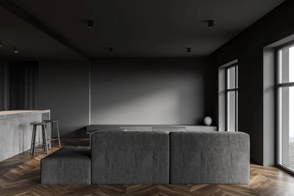 现代厨房的内部有深灰色的墙壁 木制地板 酒吧和沙发 3D渲染 — 图库照片