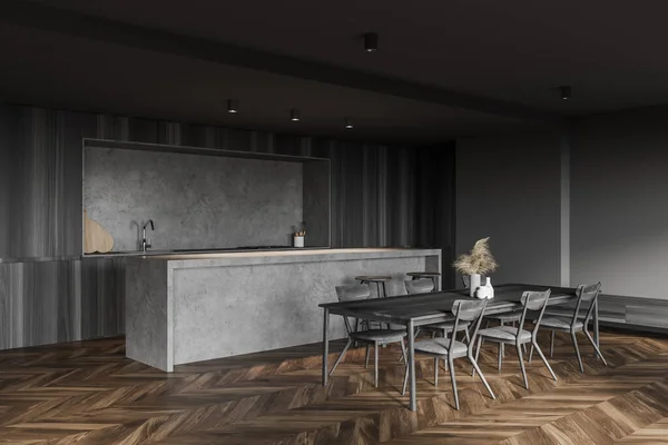 现代厨房的拐角处 有深灰色的墙壁 木制地板 酒吧和餐桌 3D渲染 — 图库照片