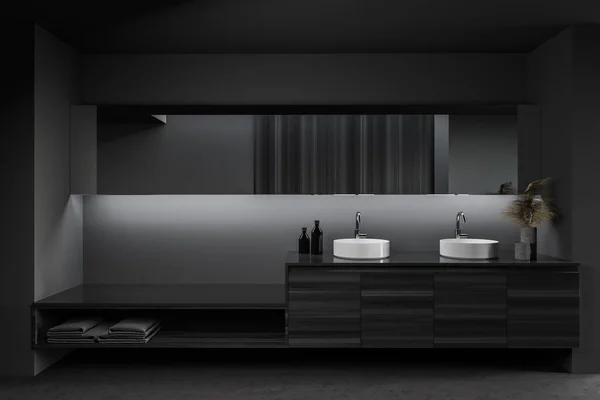 Interior Casa Banho Elegante Com Paredes Cinza Madeira Piso Concreto — Fotografia de Stock