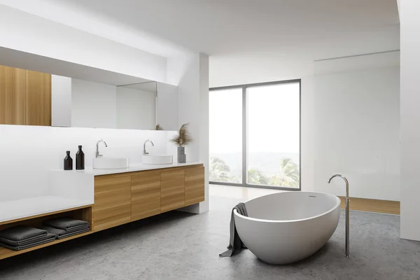 Corner Modern Bathroom White Wooden Walls Concrete Floor Comfortable Bathtub — Stock Photo, Image