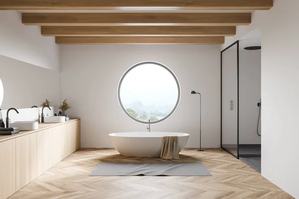 Interieur Eines Stilvollen Badezimmers Mit Weißen Und Hölzernen Wänden Holzboden — Stockfoto