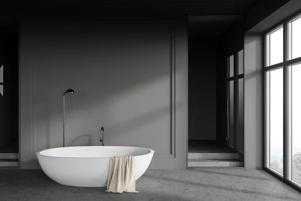 Interior Elegante Cuarto Baño Con Paredes Grises Suelo Hormigón Techo — Foto de Stock