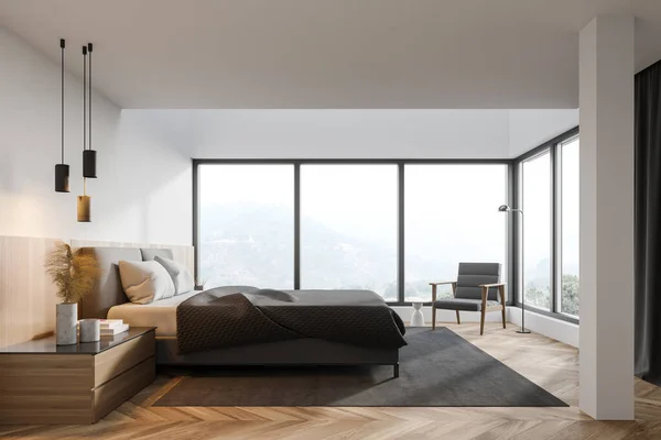 内饰现代主卧室 白色墙壁 木制地板 舒适的王床和扶手椅 3D渲染 — 图库照片