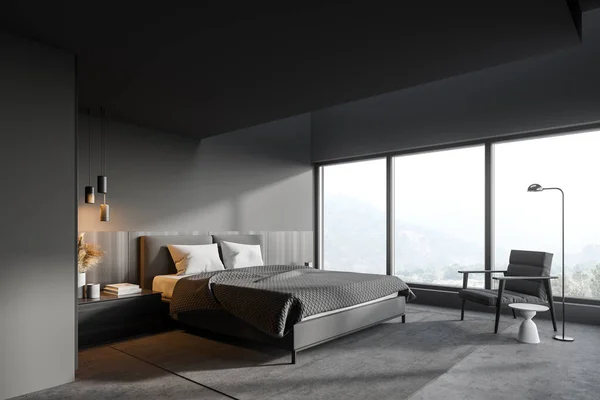 有灰色墙壁 混凝土地面 舒适的大尺寸床和扶手椅的时髦主卧室角落 3D渲染 — 图库照片