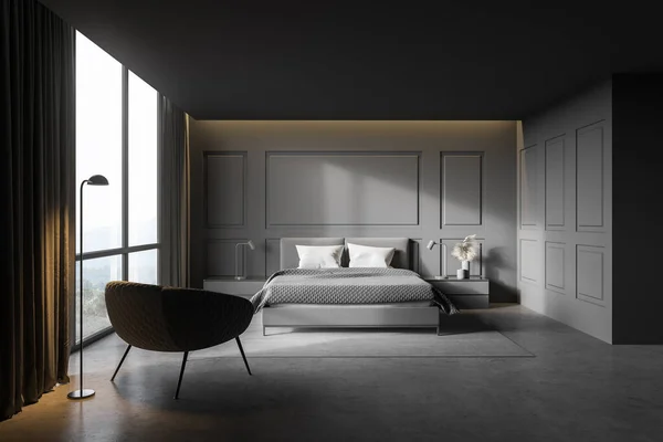 现代主卧室内饰灰色墙壁 混凝土地板 舒适的王床和扶手椅 3D渲染 — 图库照片