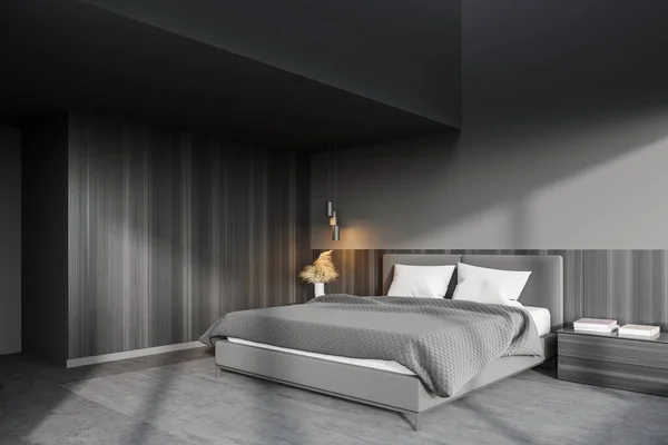 Corner of panoramic master bedroom with gray walls, concrete floor and comfortable king size bed. 3d rendering
