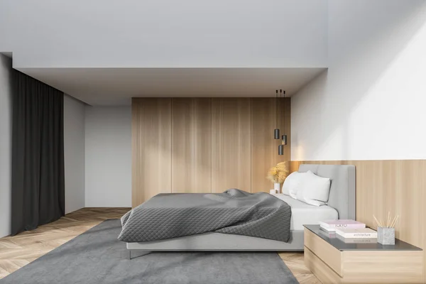 全景主卧室侧视图 白色墙壁 木制地板和舒适的王床 3D渲染 — 图库照片