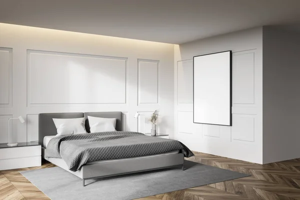 Hoek Van Moderne Master Bedroom Met Witte Muren Houten Vloer — Stockfoto