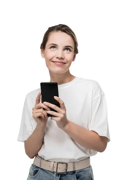 Retrato Isolado Mulher Jovem Roupas Casuais Sorrindo Segurando Smartphone — Fotografia de Stock