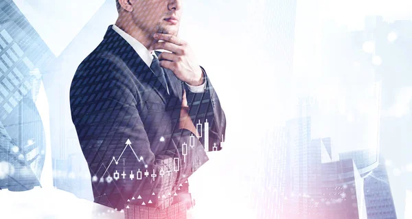 Portrait Unrecognizable Thoughtful Businessman Standing Blurry City Double Exposure Financial — Stock Photo, Image