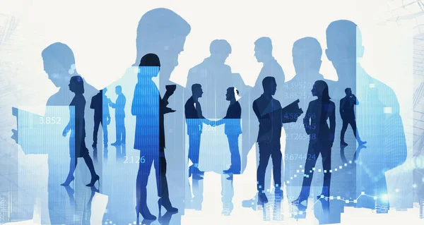 Silhouettes Business People Blurry Background Double Exposure Graphs Toned Image — Stock Photo, Image