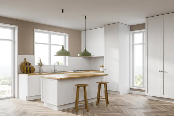 Hoek Van Moderne Keuken Met Beige Witte Muren Houten Vloer — Stockfoto